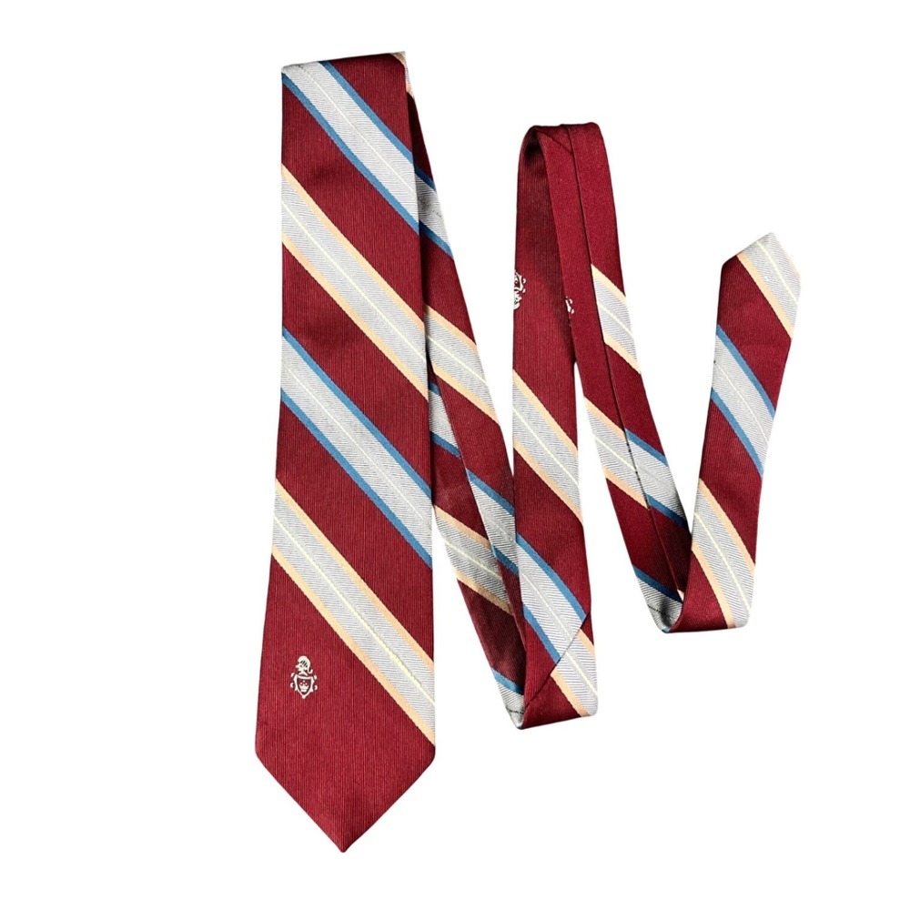 Via Re Mens Silk Blend Necktie Burgundy Blue Silver Striped Crest Logo 54 Inch